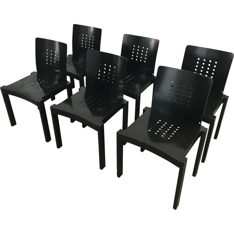 Juego de 6 sillas vintage de madera lacada en negro,1993