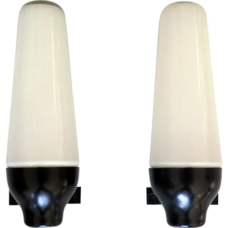Pair of Vintage opaline and backelite wall lamps 1950