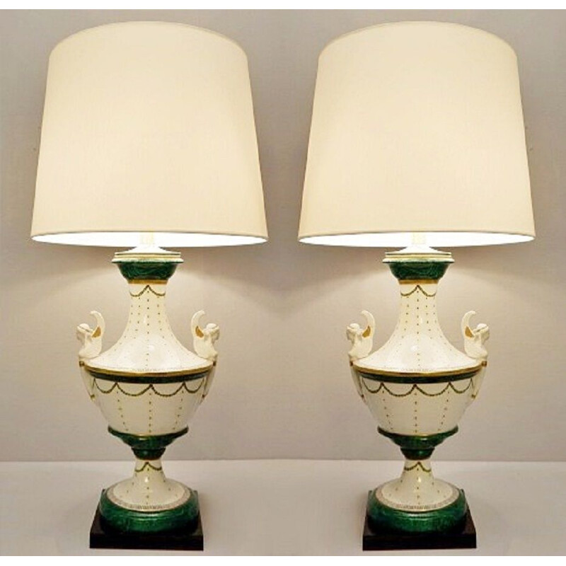  Pair Of Vintage Italian Porcelain Table Lamps By Giulia Mangani, Neo-Classical Urn Shaped