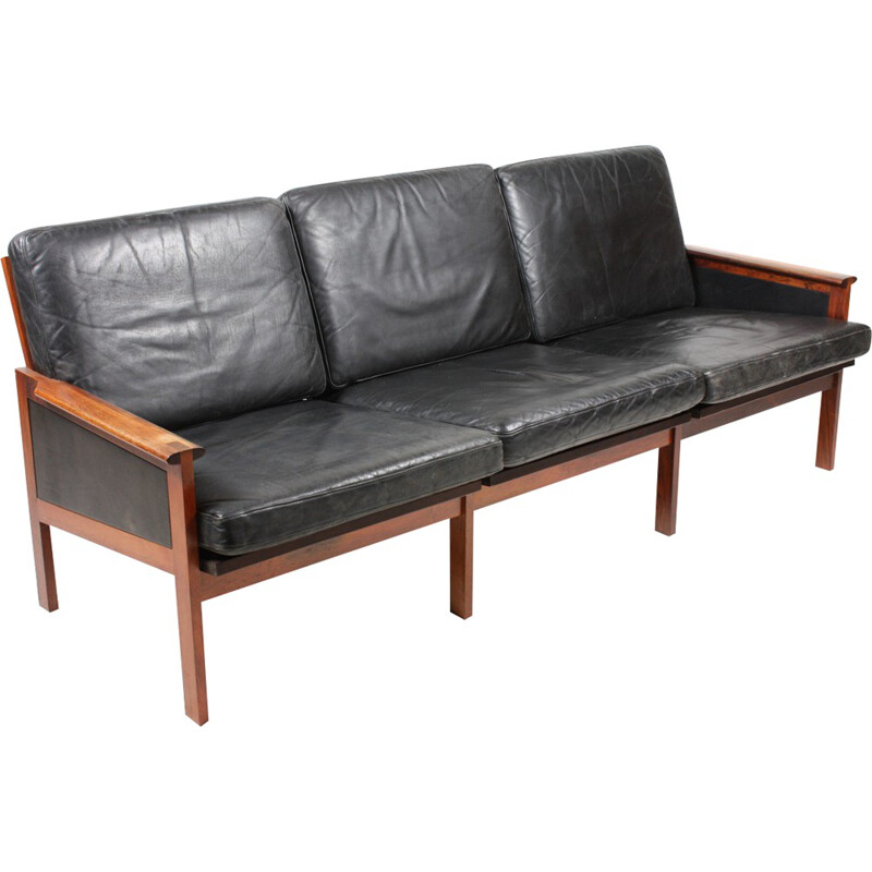 Eilersen 3-seater Scandinavian sofa in black leather, Illum WIKKELSO - 1950s