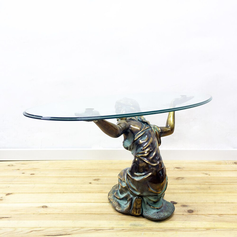 Table basse vintage sculpturale en bronze avec plateau en verre, 1970