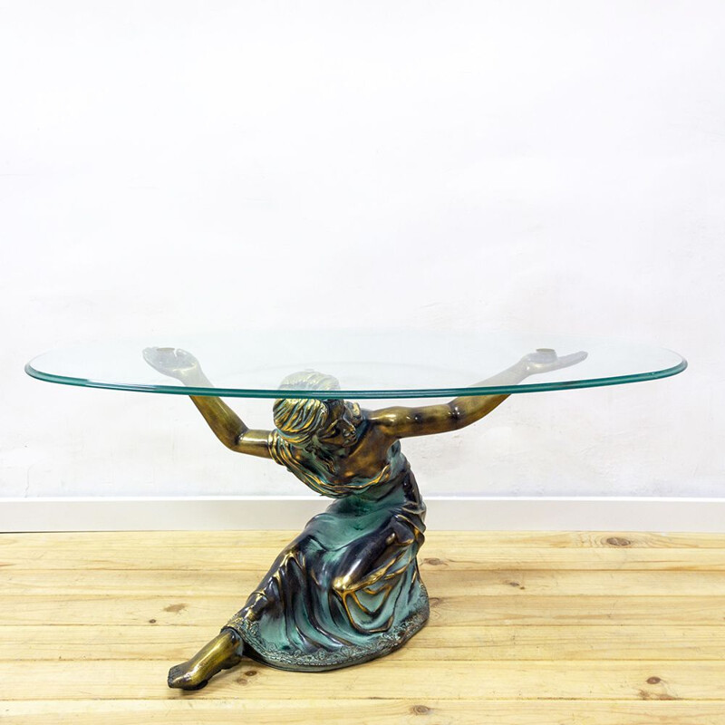 Vintage sculptural bronze coffee table with glass top, 1970