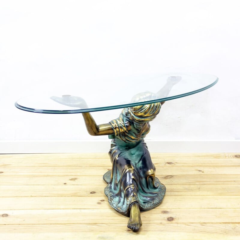 Table basse vintage sculpturale en bronze avec plateau en verre, 1970