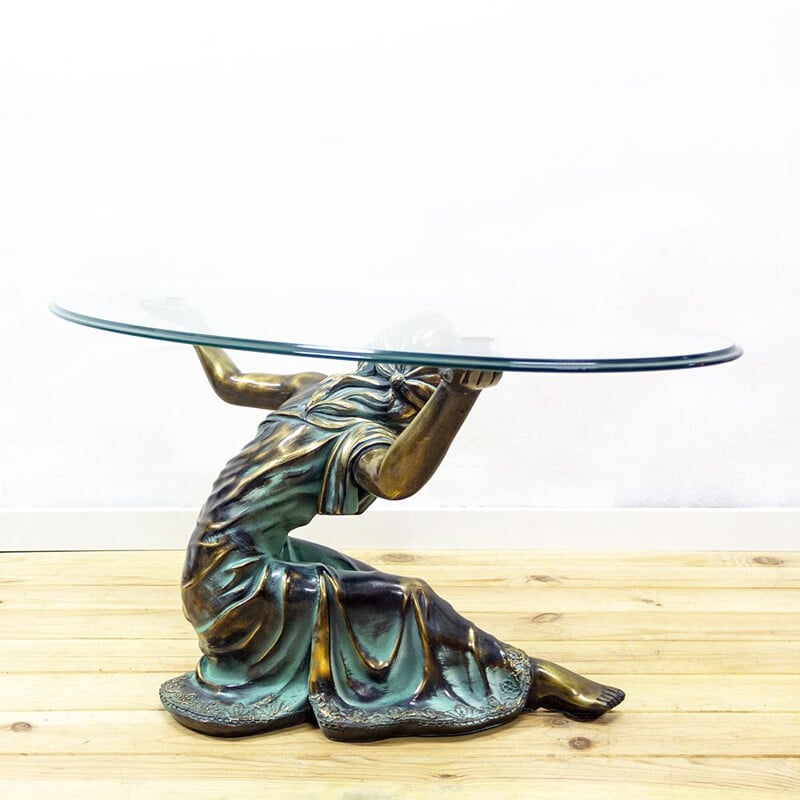 Table basse vintage sculpturale en bronze avec plateau en verre, 1970