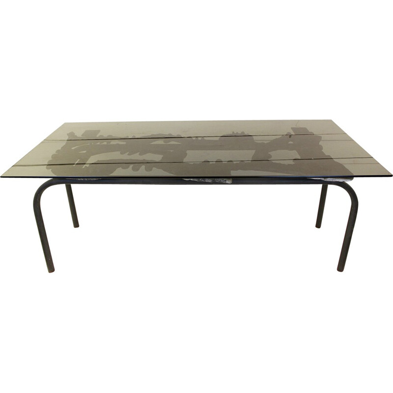 Vintage Brutalist coffee table in aluminum and smoked glass by Willy Ceysens, Belgium 1960