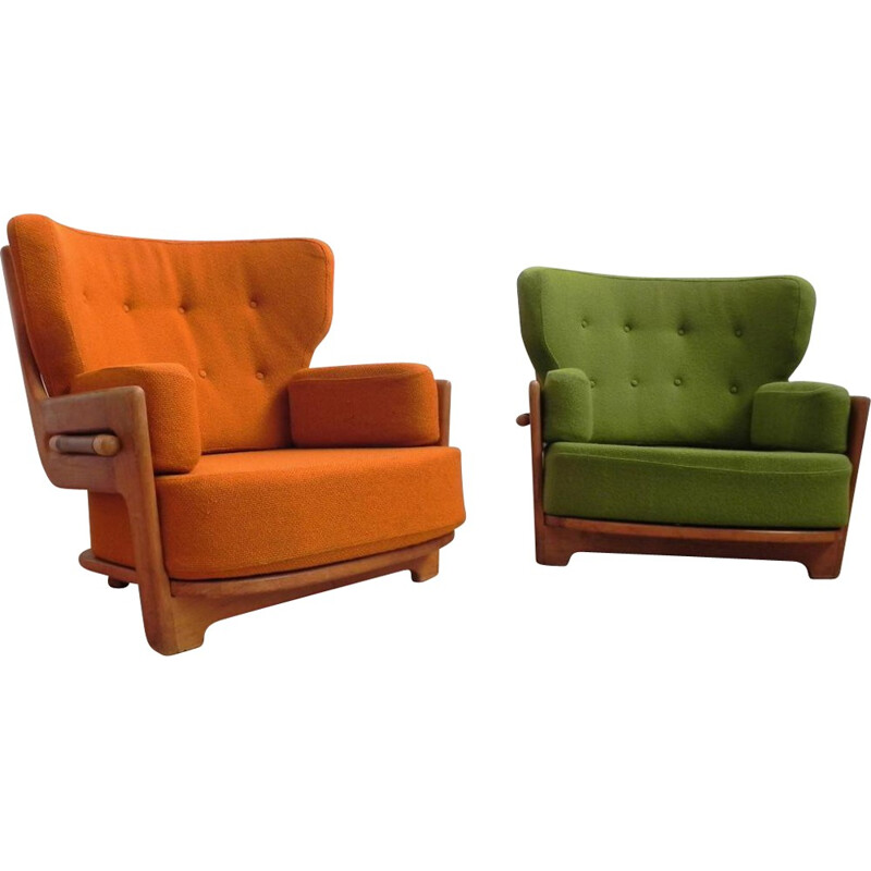 Set of two Votre Maison "Denis" armchairs in orange and green fabric, GUILLERME & CHAMBRON - 1970s