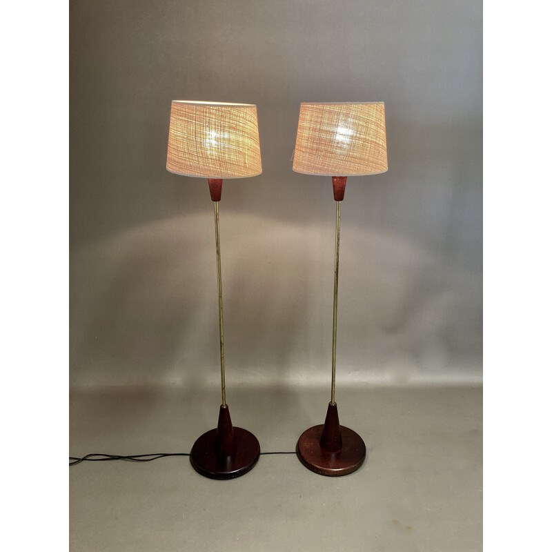 Paire de lampadaires vintage Noyer Laiton Bakélite Osier 1950
