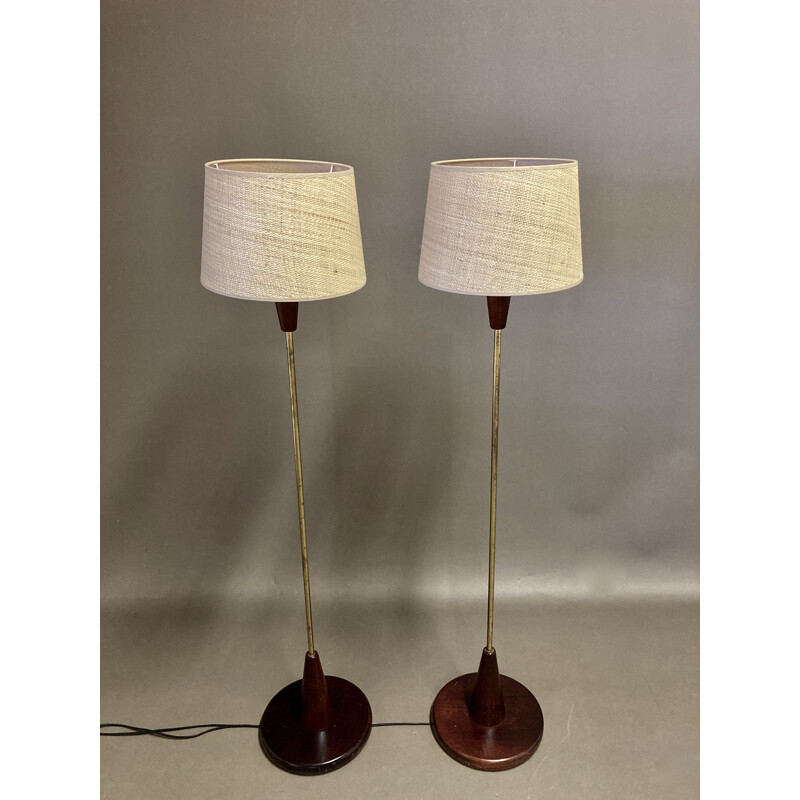 Pair of vintage Walnut Walnut Brass Bakelite Wicker 1950s floor lamps