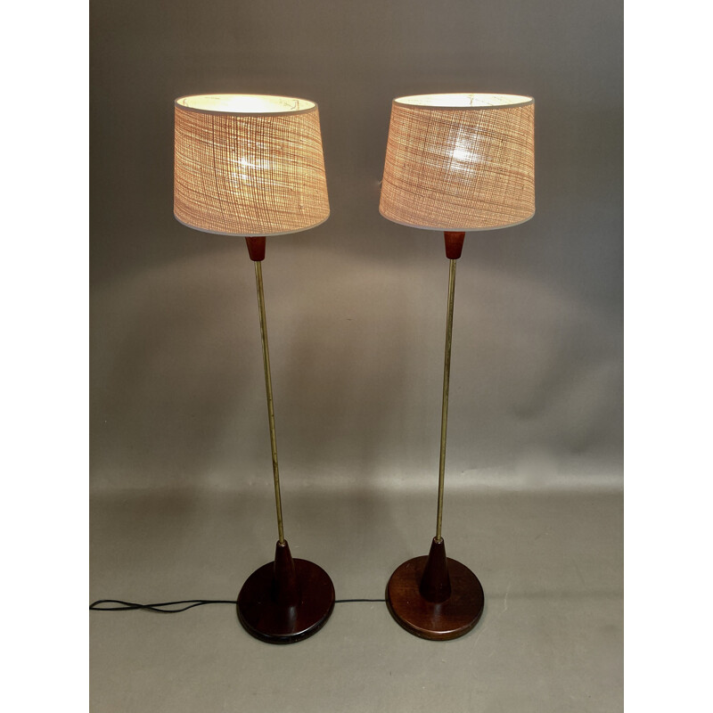 Pair of vintage Walnut Walnut Brass Bakelite Wicker 1950s floor lamps