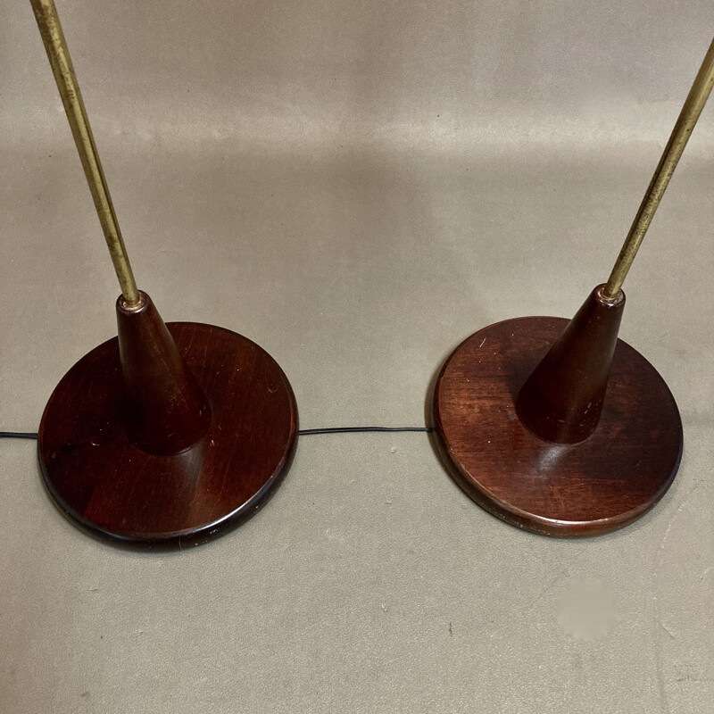 Pair of vintage Walnut Walnut Brass Bakelite Wicker 1950s floor lamps