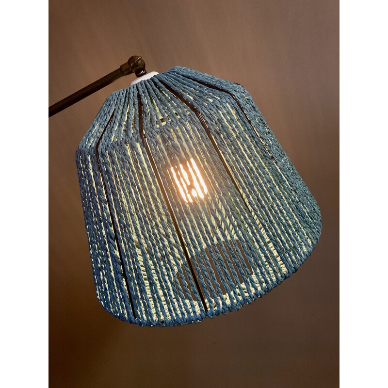 Lampadaire vintage noyer  laiton  corde modulable 1950