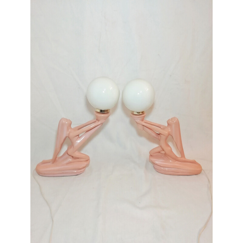 Pair of vintage table lamps pink ceramic