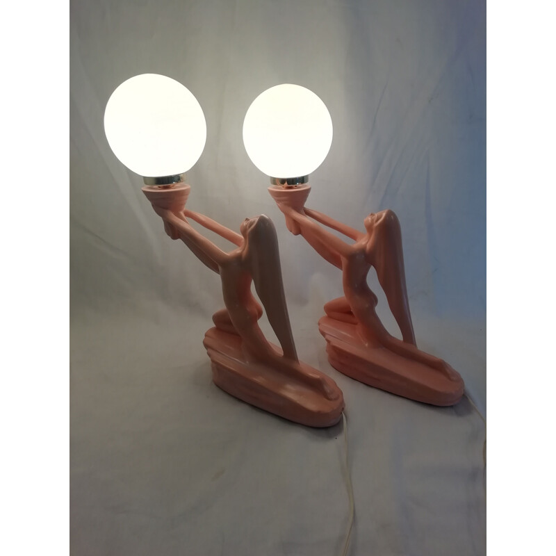 Pair of vintage table lamps pink ceramic