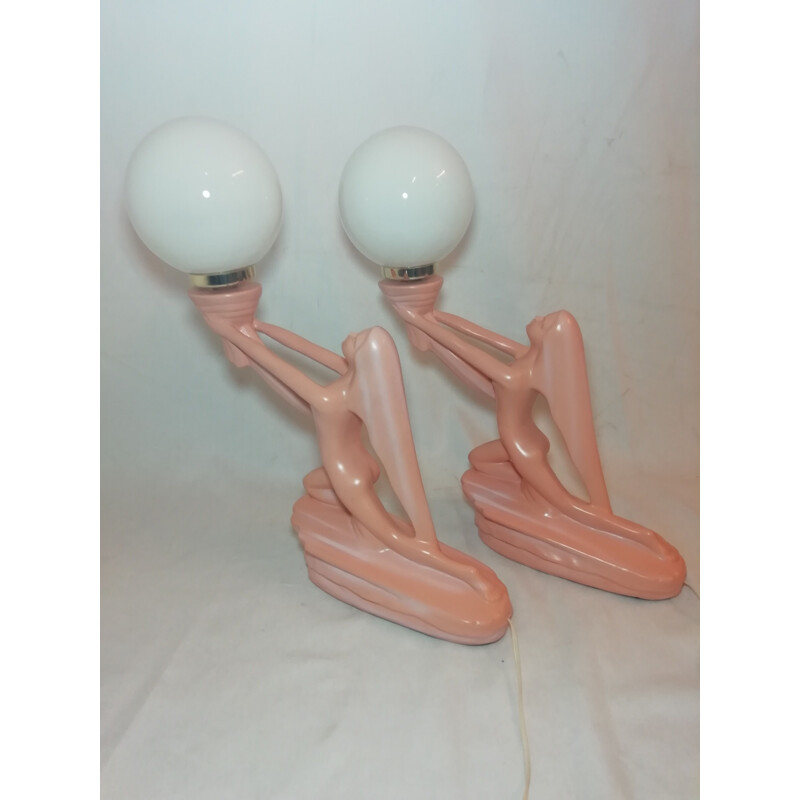 Pair of vintage table lamps pink ceramic