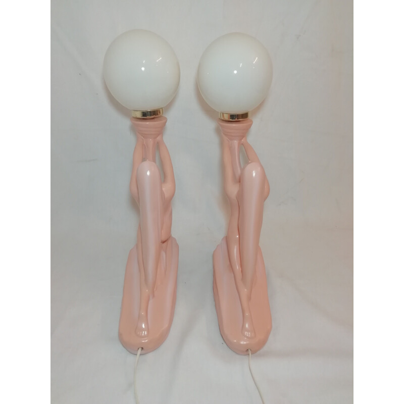 Pair of vintage table lamps pink ceramic