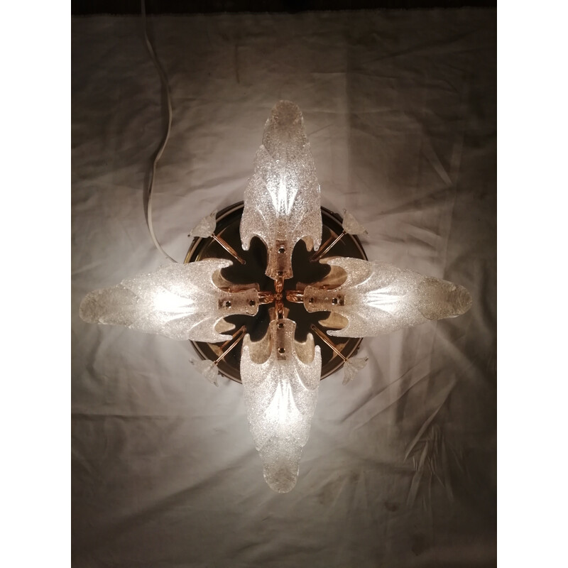 Lámpara de techo vintage de cristal con estructura circular de metal cromado de Murano