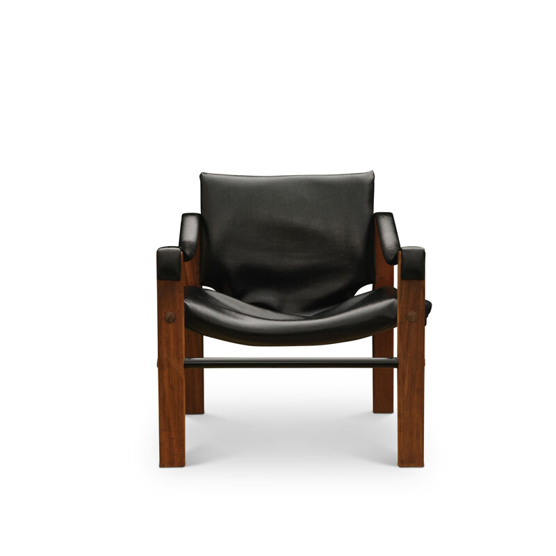 Mid-Century Black Vinyl & Teak Safari Chair by Maurice Burke for Arkana, 1960s