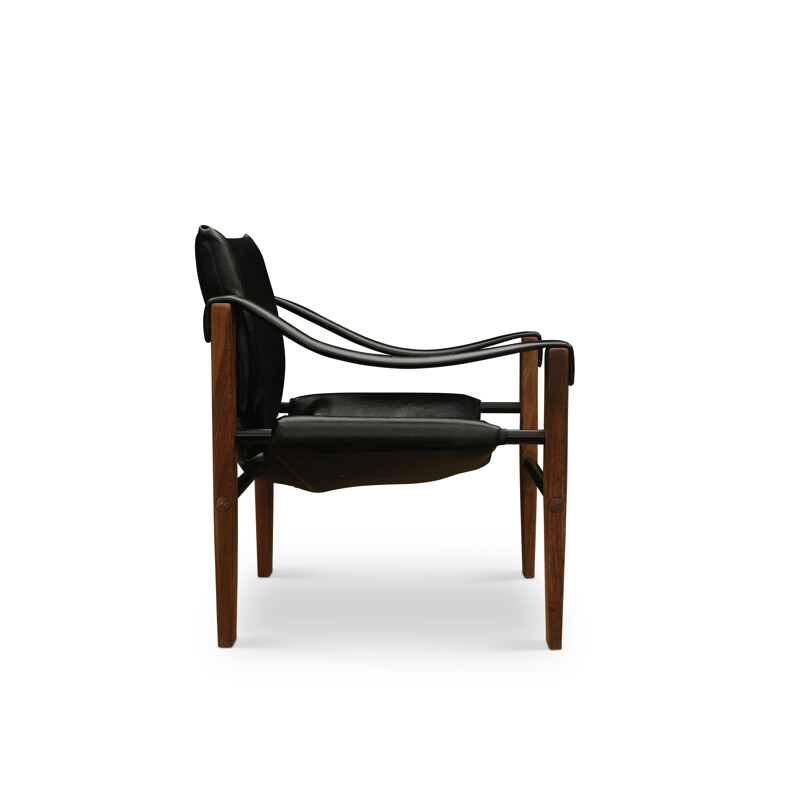 Mid-Century Black Vinyl & Teak Safari Chair by Maurice Burke for Arkana, 1960s