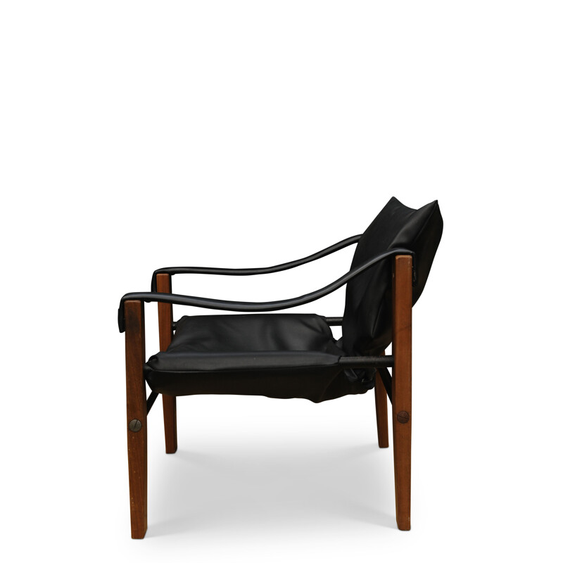 Mid-Century Black Vinyl & Teak Safari Chair by Maurice Burke for Arkana, 1960s
