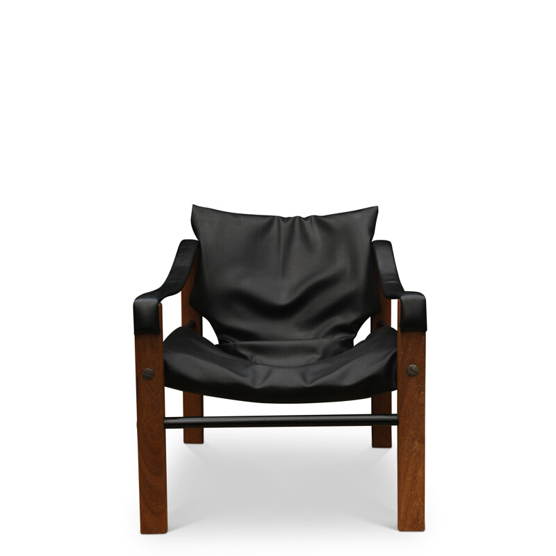 Mid-Century Black Vinyl & Teak Safari Chair by Maurice Burke for Arkana, 1960s