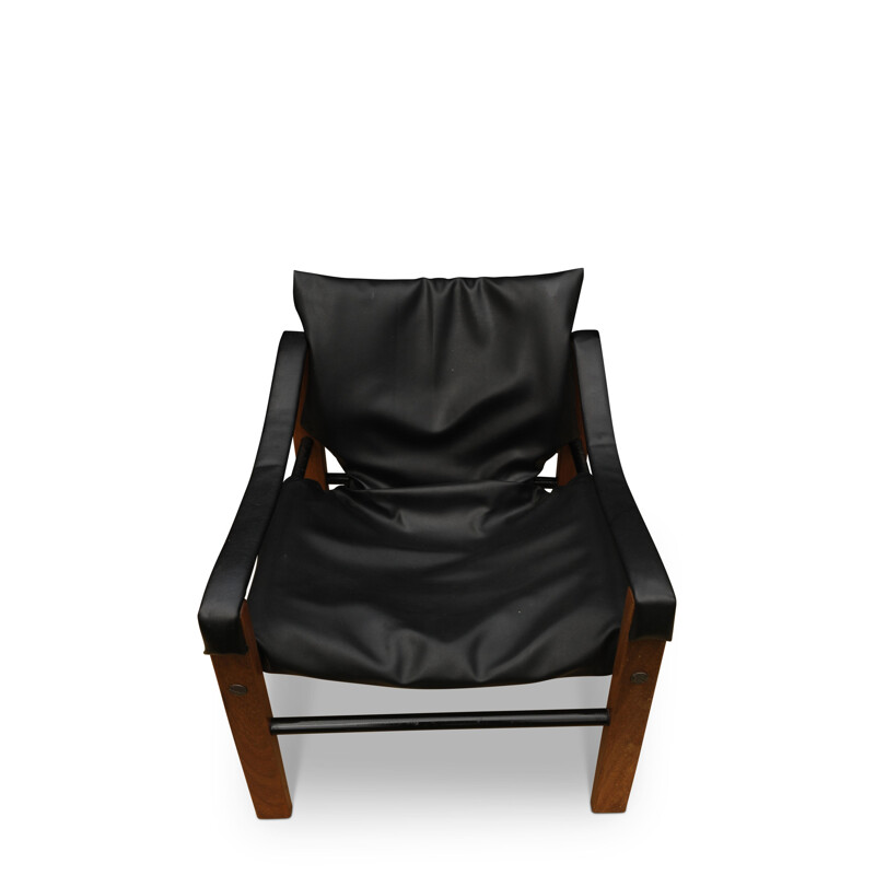 Fauteuil Safari vintage en vinyle noir et teck  par Maurice Burke pour Arkana, 1960