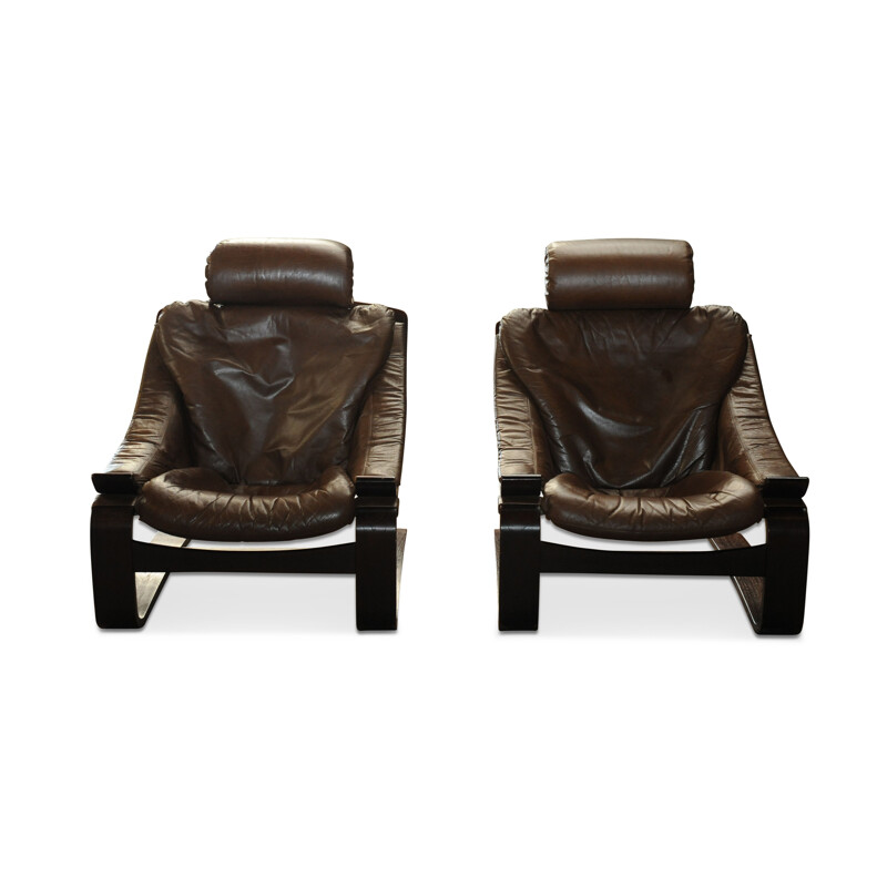 Pair of Vintage Brown Leather Hook Lounge Chair by Åke Fribytter for Nelo Möbel, 1970s