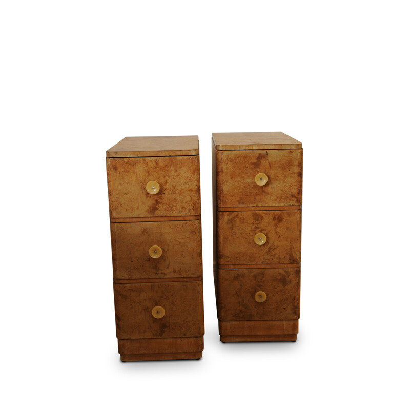 Pair of Vintage Burr Walnut Bedside Chest with original Bakelite handles  Art Deco