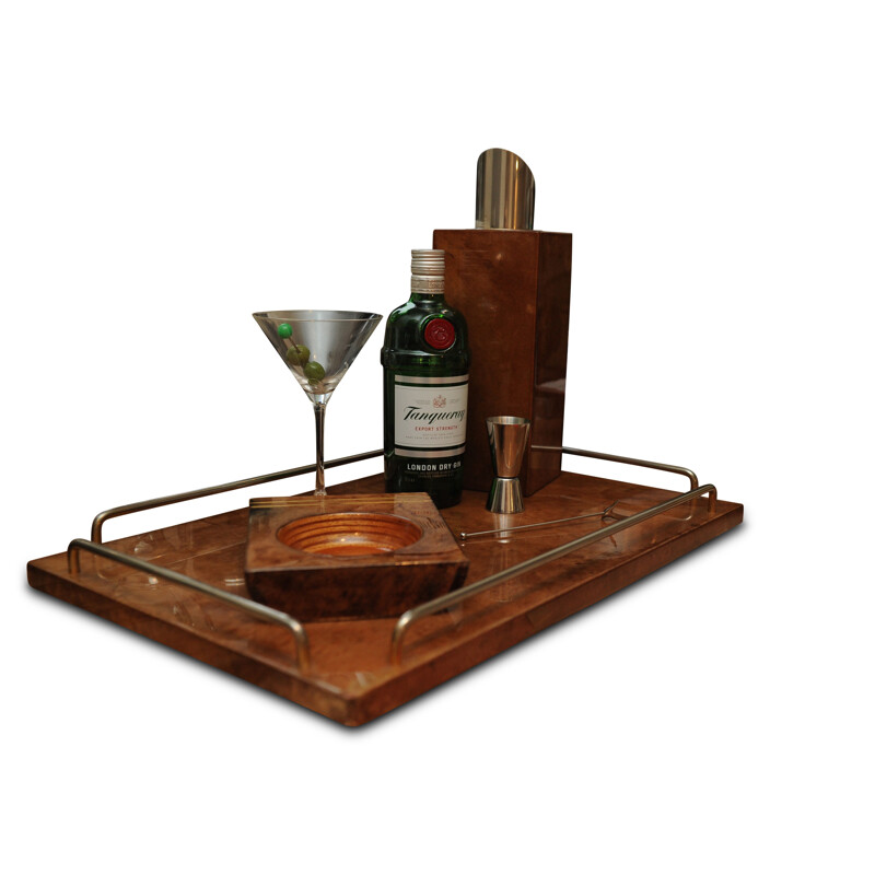 Vintage Art Deco walnut and chrome cocktail set by Aldo Tura, 1920