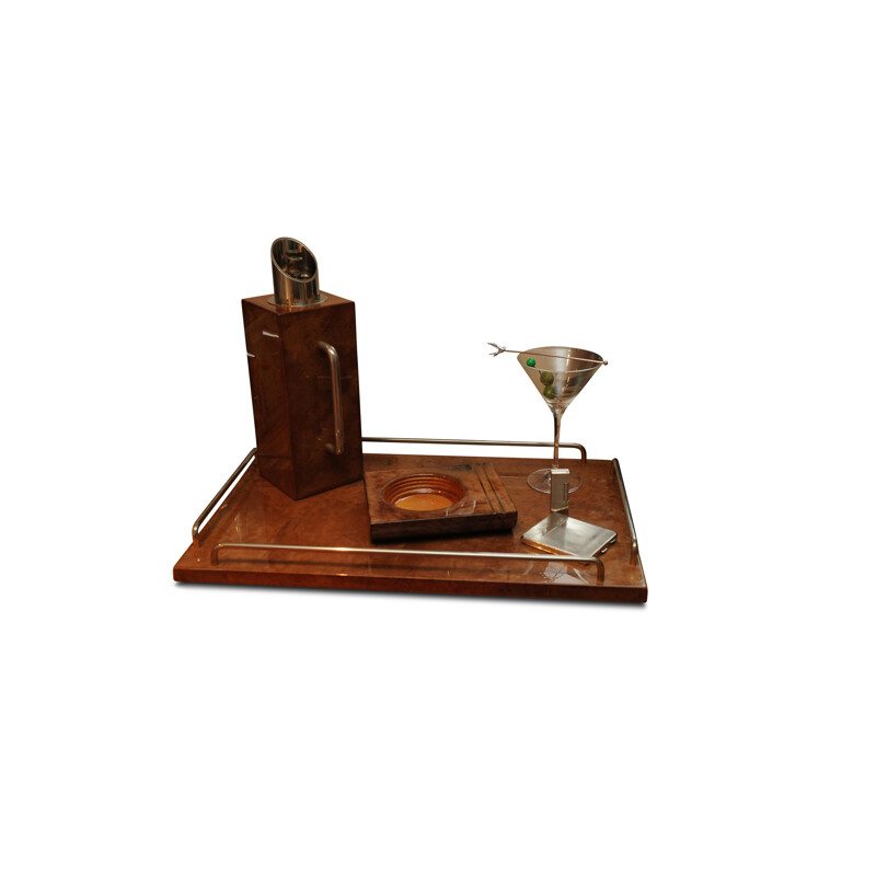 Vintage Art Deco walnut and chrome cocktail set by Aldo Tura, 1920