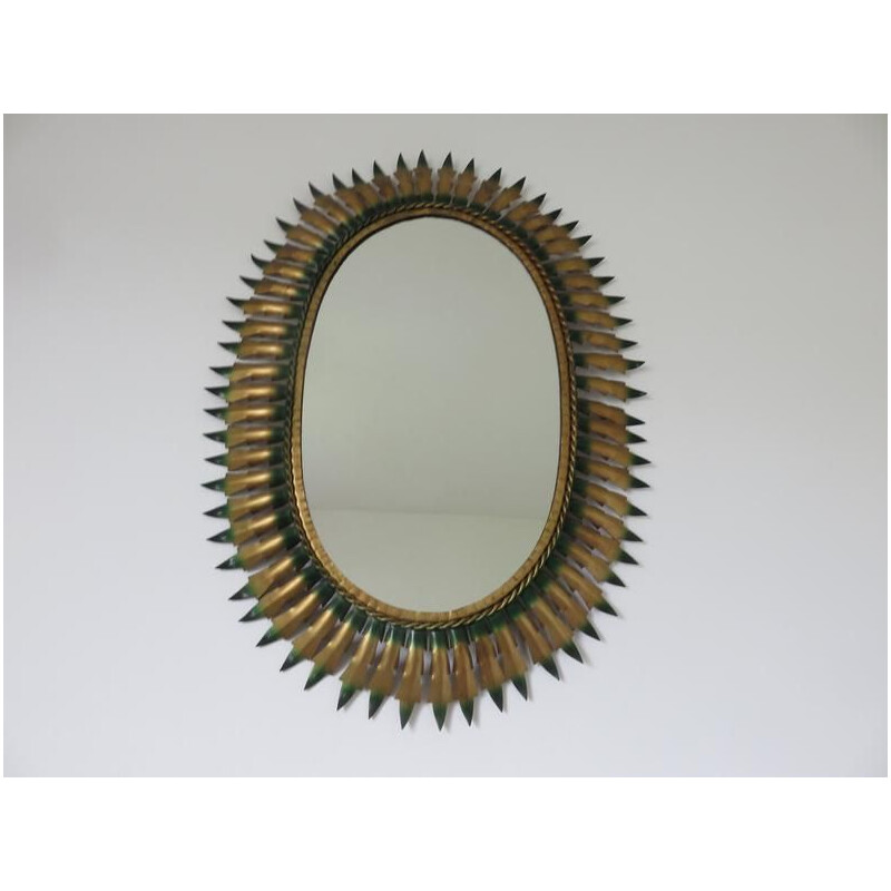 Vintage gold and green metal oval sun mirror 1960