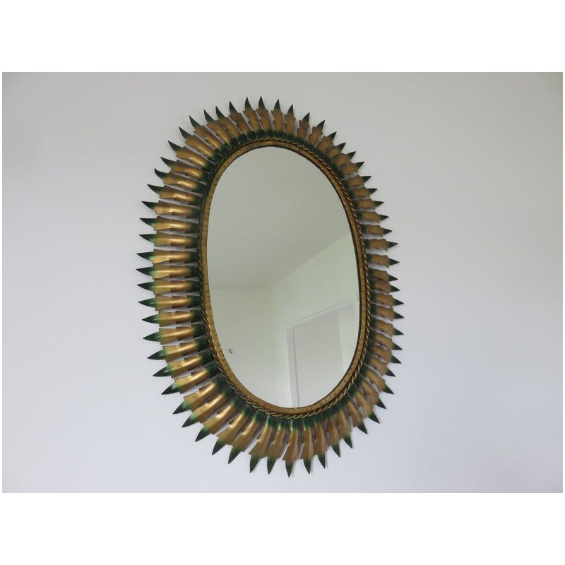 Vintage gold and green metal oval sun mirror 1960
