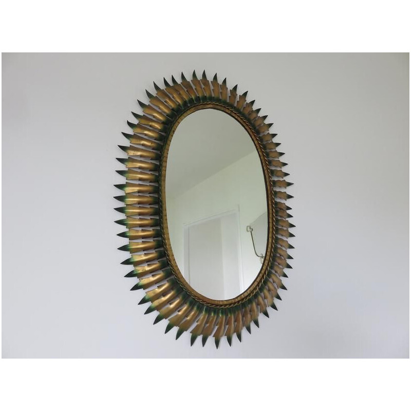 Vintage gold and green metal oval sun mirror 1960