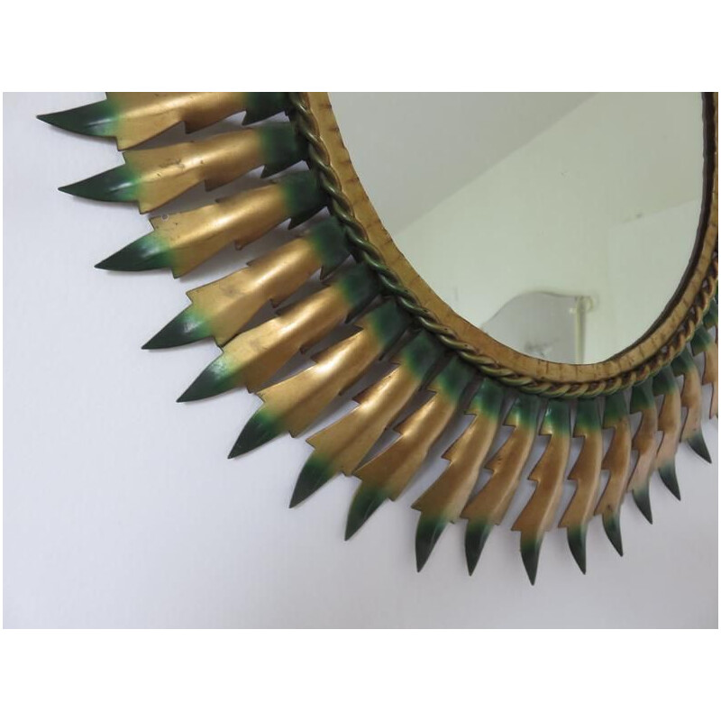 Miroir soleil vintage ovale en métal doré et vert 1960