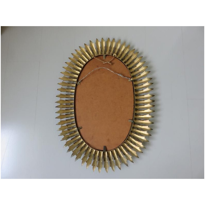 Miroir soleil vintage ovale en métal doré et vert 1960