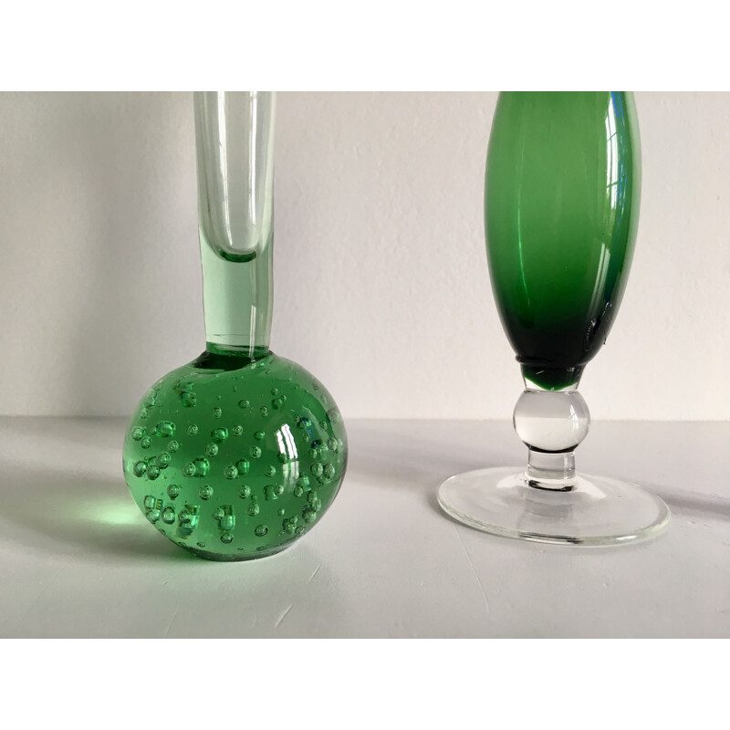 Trio of Colored Vintage Vases in Glass and Chiseled Crystal