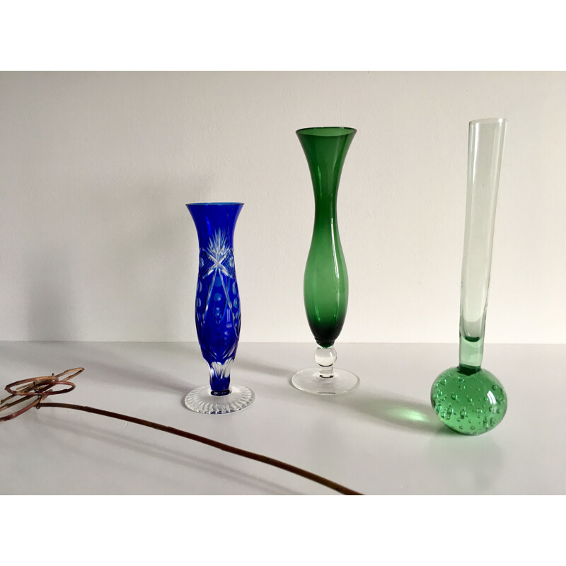 Trio of Colored Vintage Vases in Glass and Chiseled Crystal