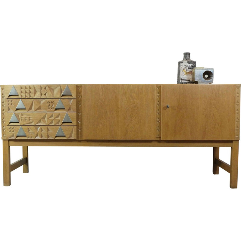 Vintage oak sideboard with carved cubic pattern - 1970s