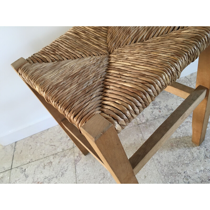  Vintage Stool Geometric Straw and Solid Beech