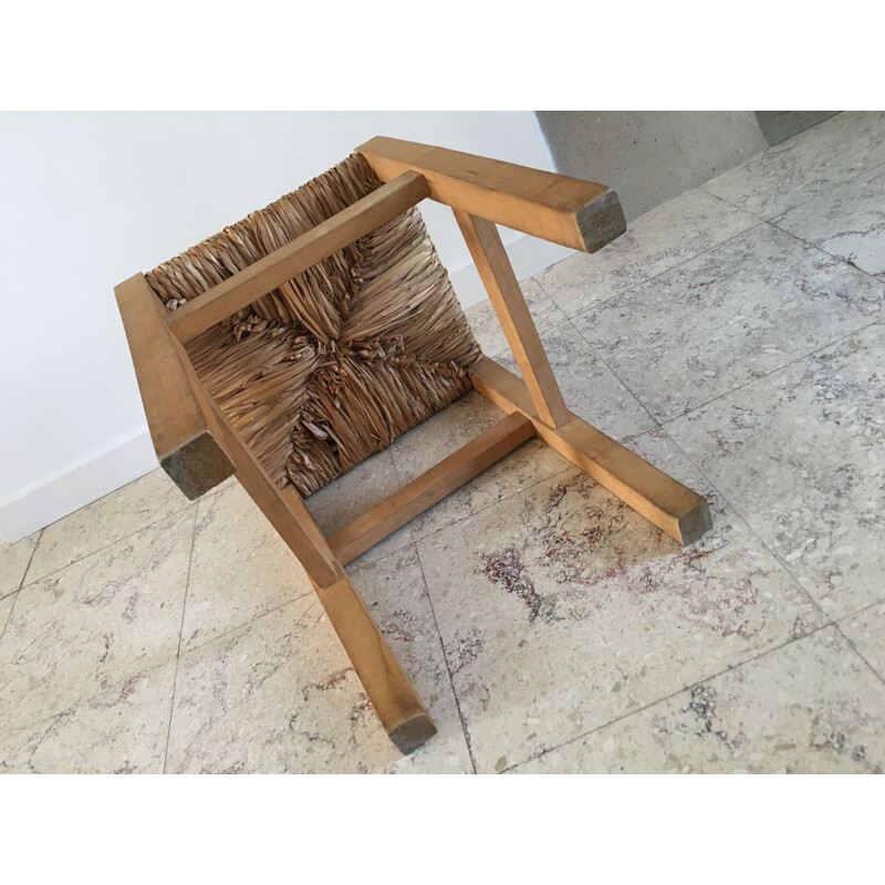  Vintage Stool Geometric Straw and Solid Beech