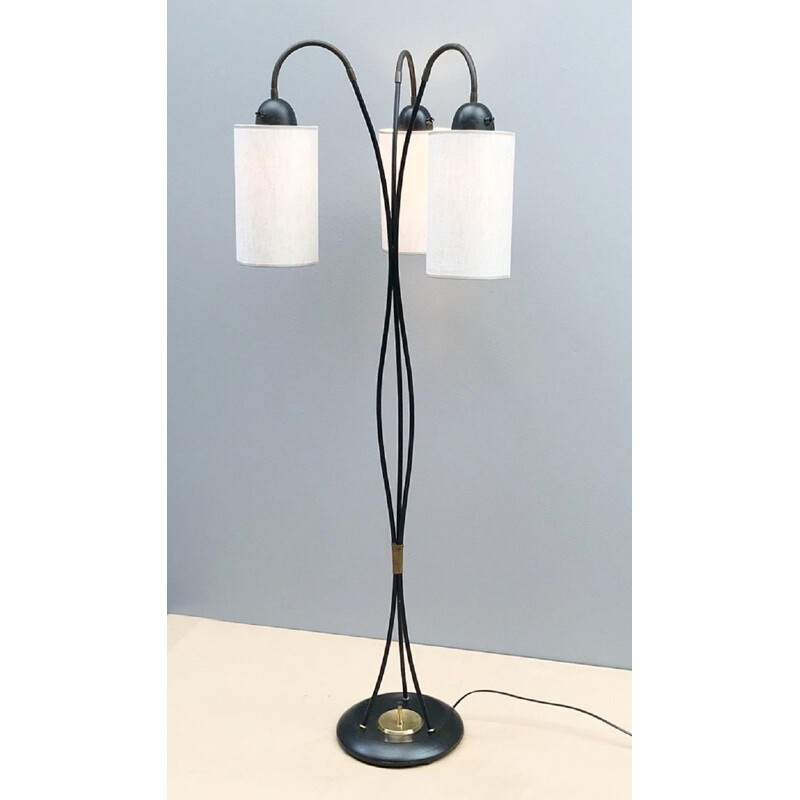 Vintage 3-lichts vloerlamp met stoffen kap