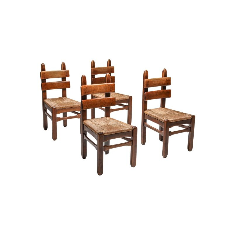 Ensemble de 4 chaises modernes rustiques en chêne et en corde 1930
