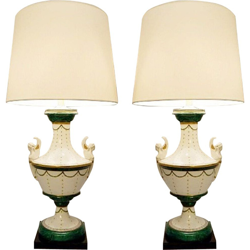  Pair Of Vintage Italian Porcelain Table Lamps By Giulia Mangani, Neo-Classical Urn Shaped