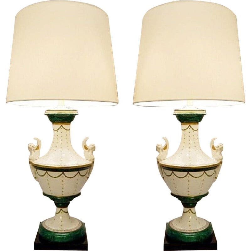  Pair Of Vintage Italian Porcelain Table Lamps By Giulia Mangani, Neo-Classical Urn Shaped