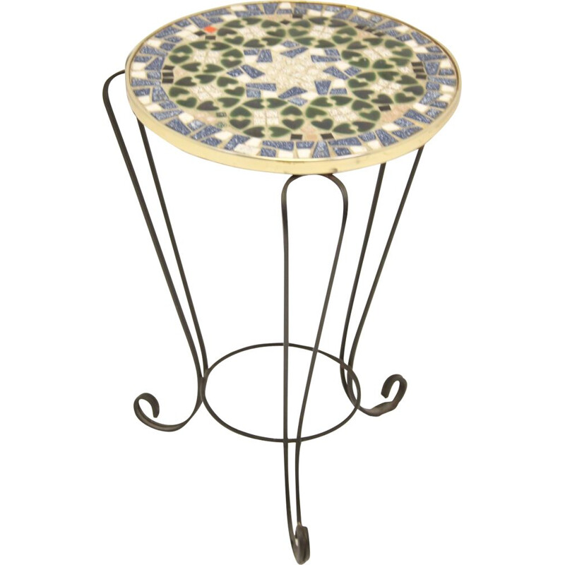 Round Vintage Mosaic Plant Table Black blue 1960