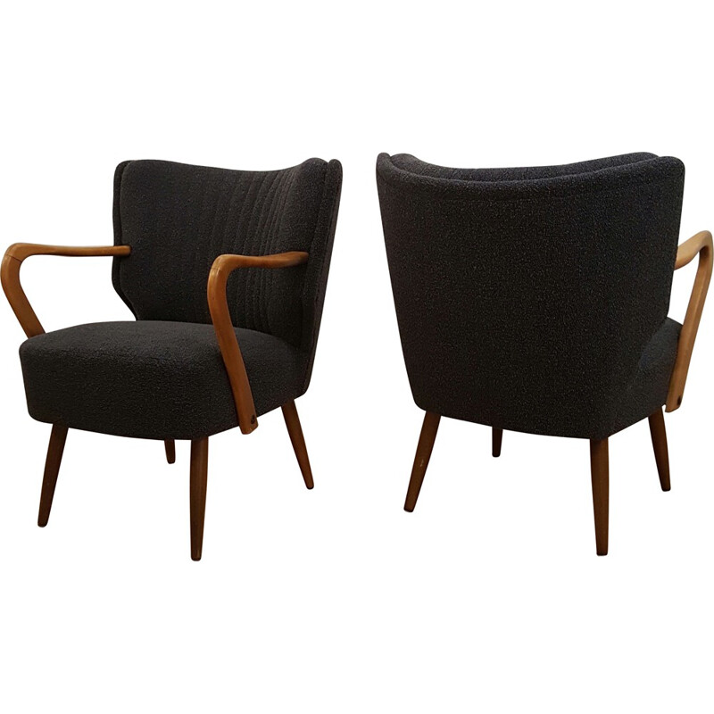 Pair of Scandinavian grey fabric and light wood armchairs - 1960s