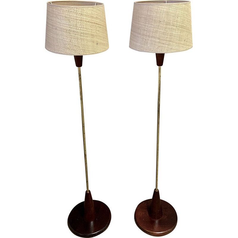 Pair of vintage Walnut Walnut Brass Bakelite Wicker 1950s floor lamps