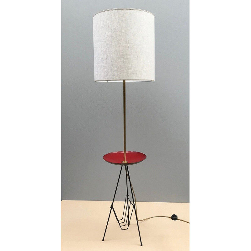 Vintage tripod floor lamp with enamelled table and magazine rack, Italy