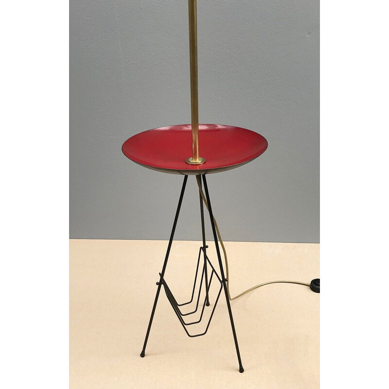 Lámpara de pie trípode vintage con mesa esmaltada y revistero, Italia