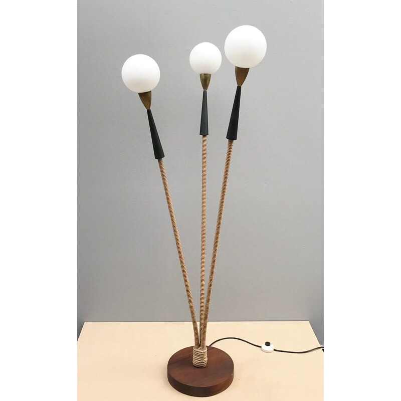 Vintage Floor Lamp 3 Arms And Opaline Globe