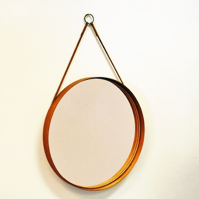 Vintage Round Teak mirror 40 cmD Glasmäster Markaryd Swedish 1960s